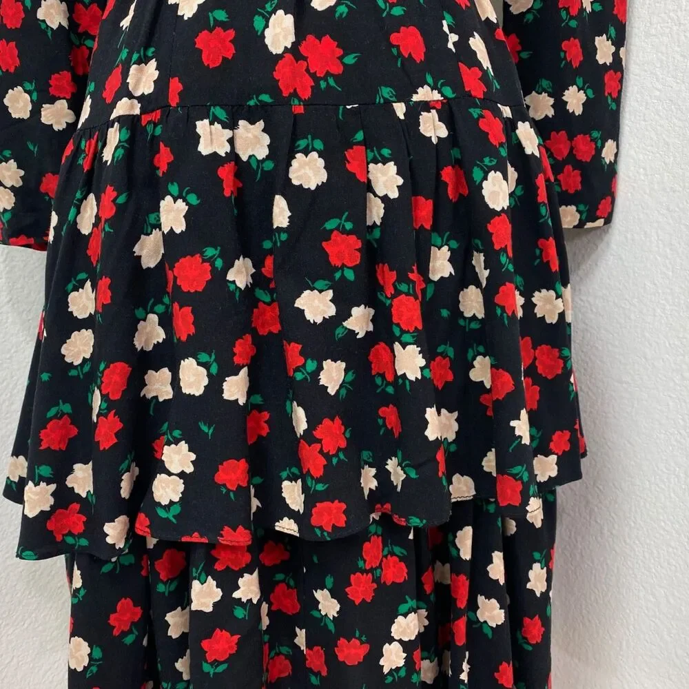 Vtg 80 Drop Waist Layered Skirt Floral Rayon Dress Small Long Sleeve Belt Modest